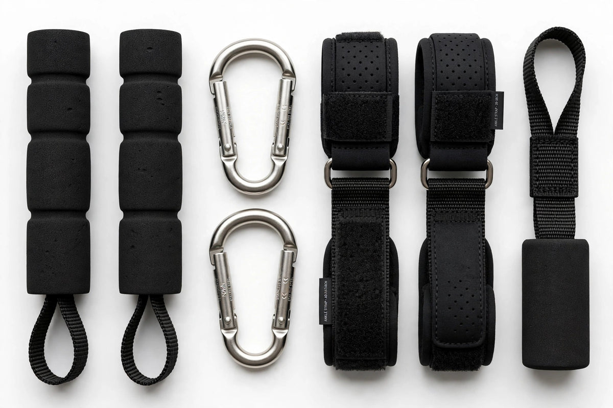 Resistance band accessories: foam handles, carabiners, ankle straps and door anchor on white background