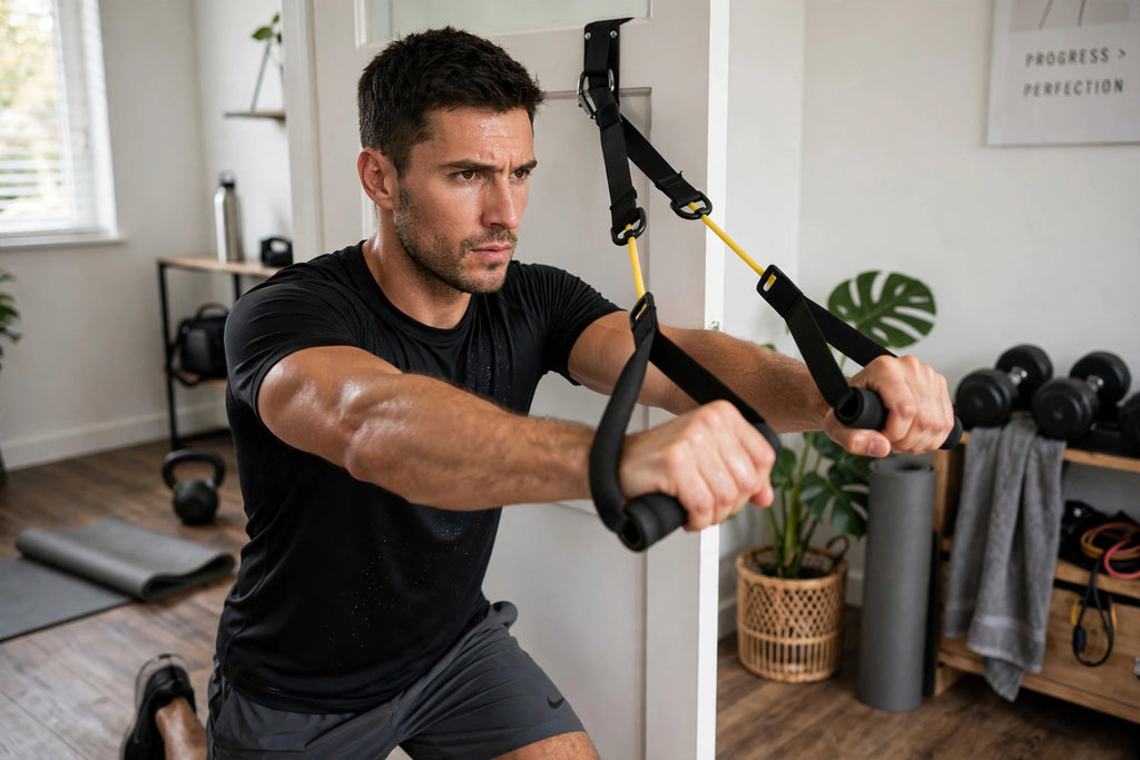 Man using black and yellow suspension training straps on a door in a home gym