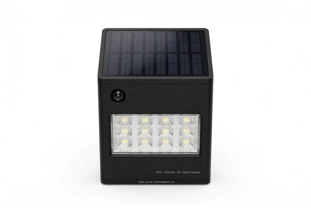 Square black solar-powered LED wall light with solar panel, motion sensor and LED array on white background