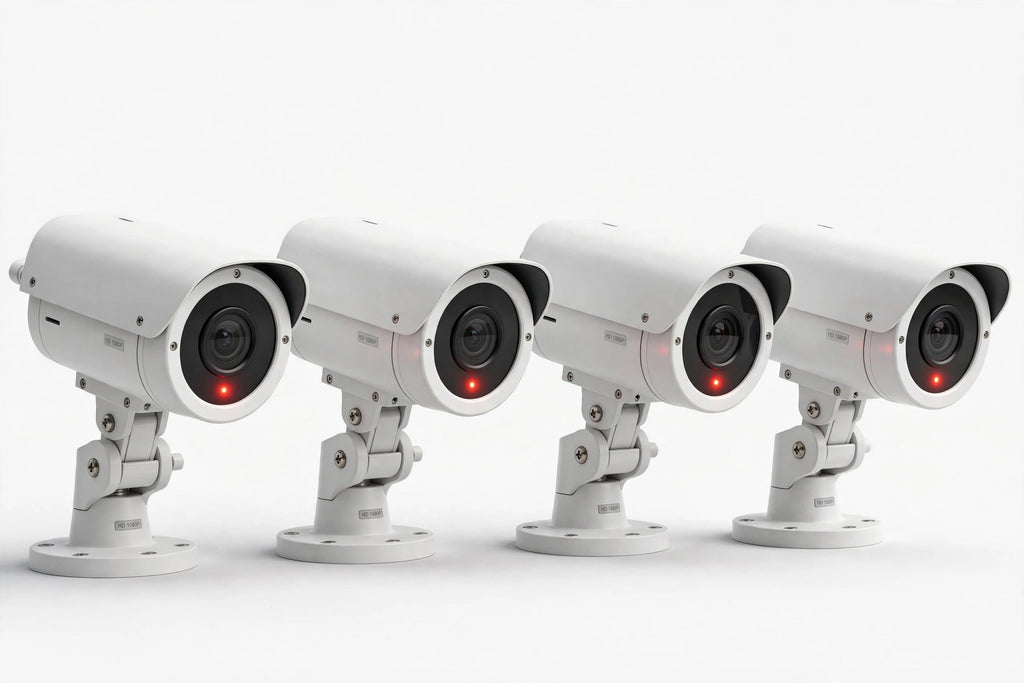 Four white security cameras with black lenses and red indicator lights in a row on white background