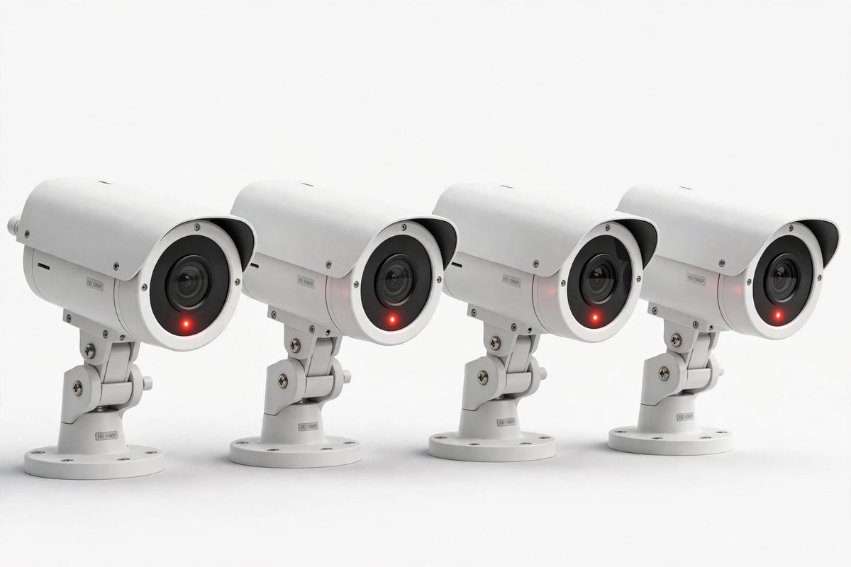 Four white security cameras with black lenses and red indicator lights in a row on white background