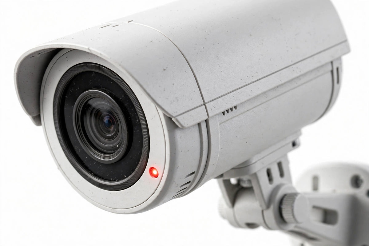 Close-up of white bullet security camera with black lens and red indicator light on white background