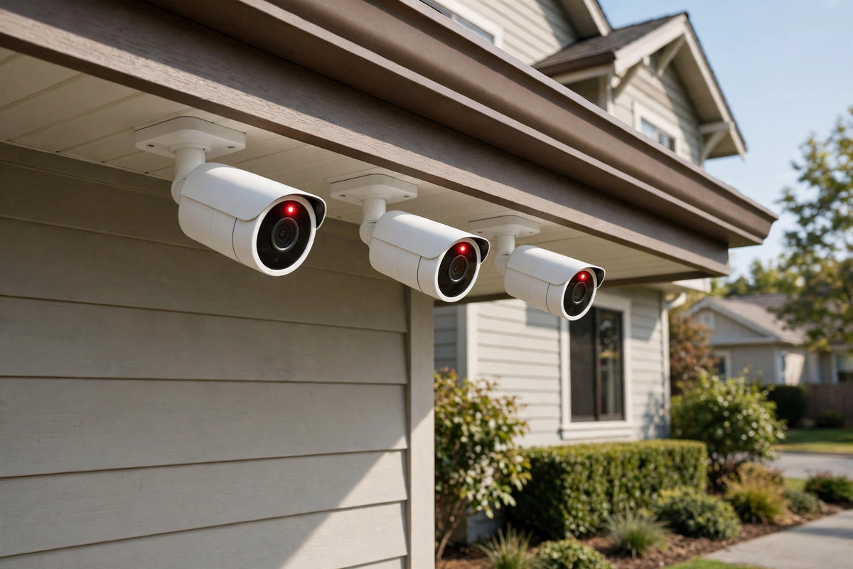 Three white security cameras with red lenses mounted under the eaves of a house