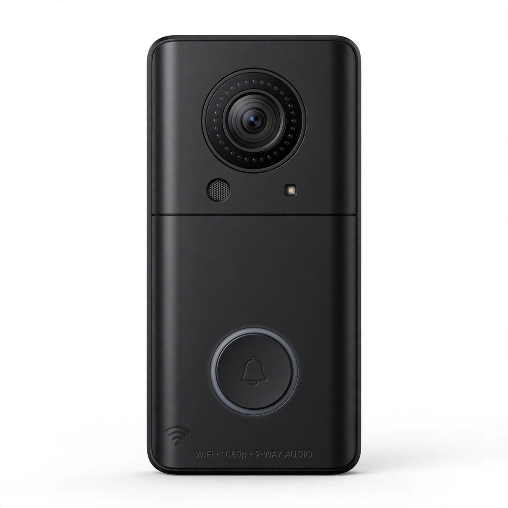 Black WiFi video doorbell with camera lens, speaker and bell button on white background