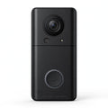 Black WiFi video doorbell with camera lens, speaker and bell button on white background