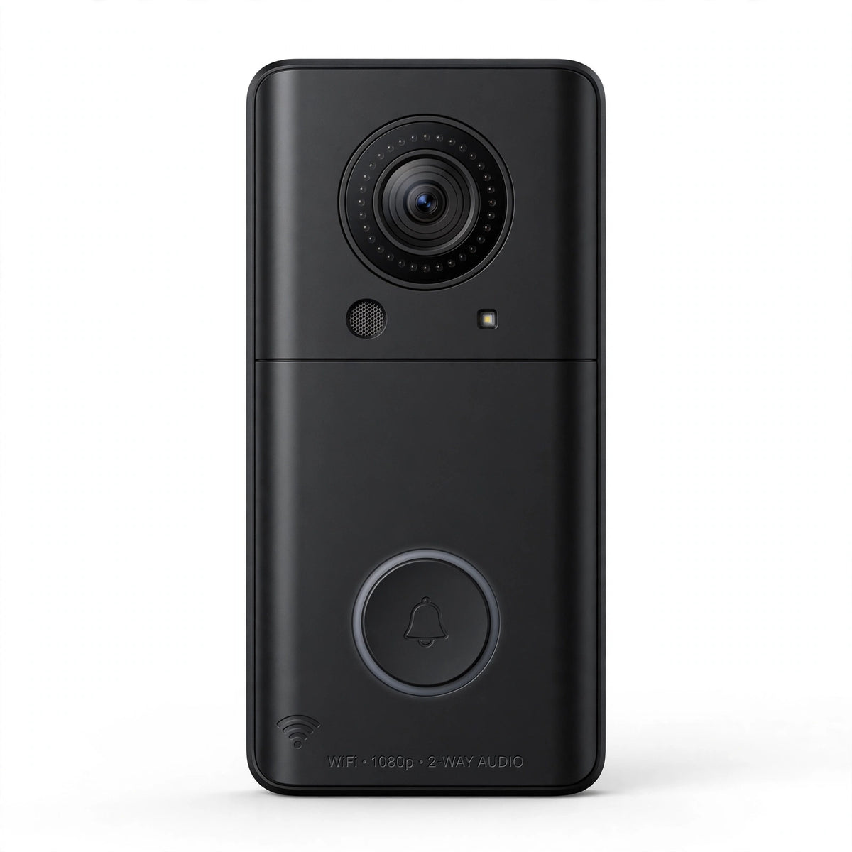 Black WiFi video doorbell with camera lens, speaker and bell button on white background