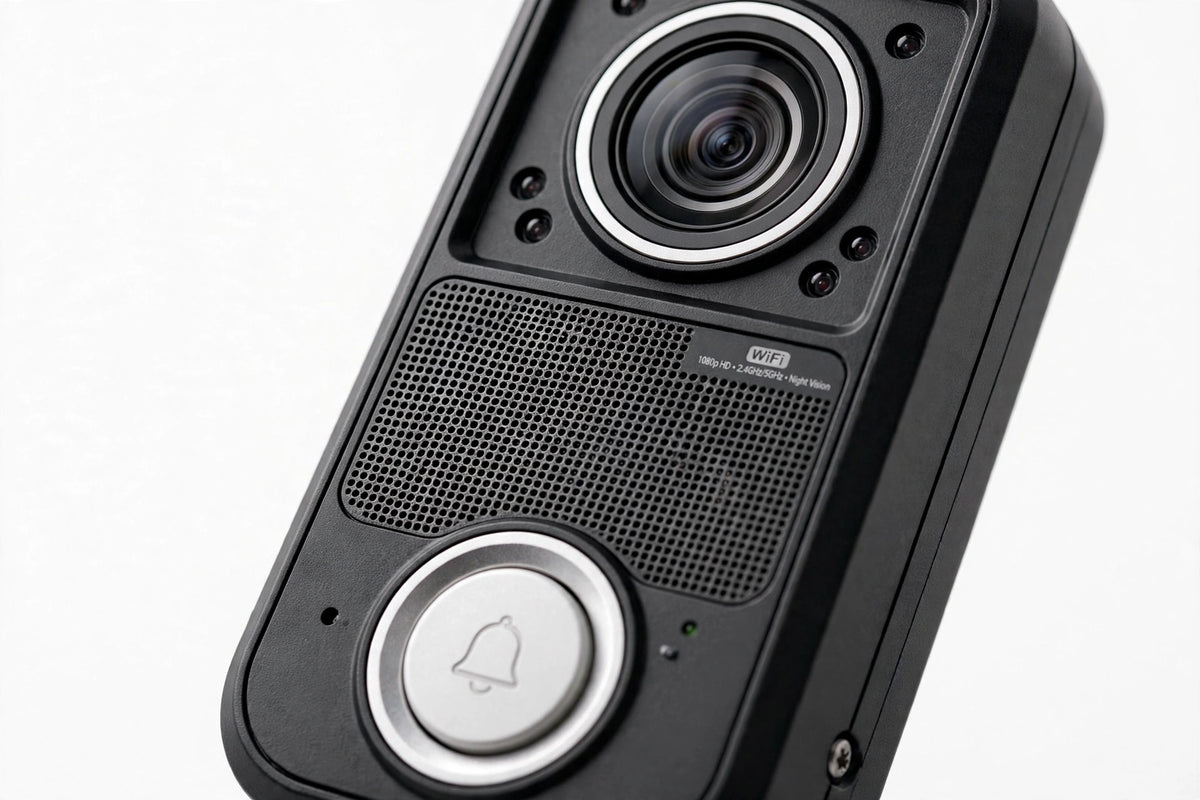 Close-up of black video doorbell camera with lens, speaker grille and silver bell button on white background