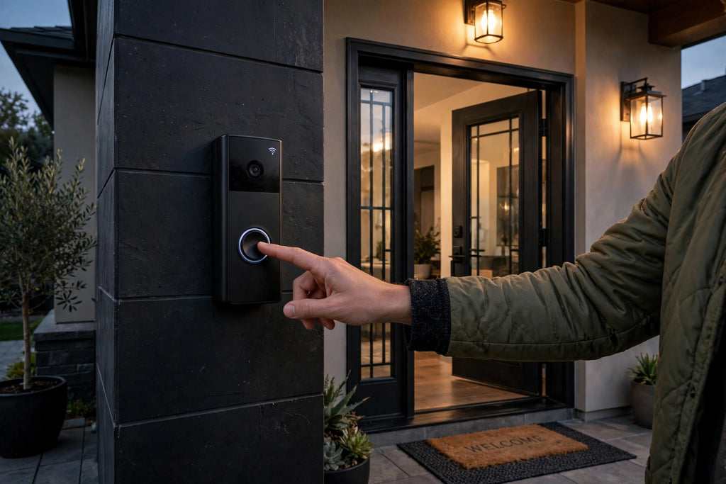 Person pressing the button on a black smart doorbell mounted on a stone pillar outside a house