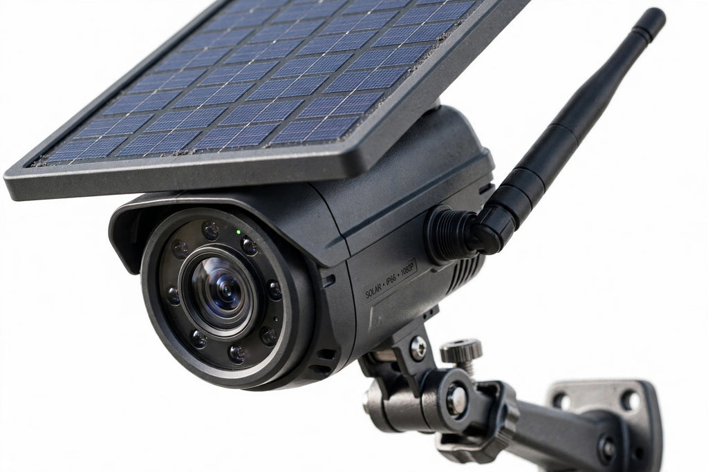 Close-up of black solar-powered security camera with solar panel and antenna on white background