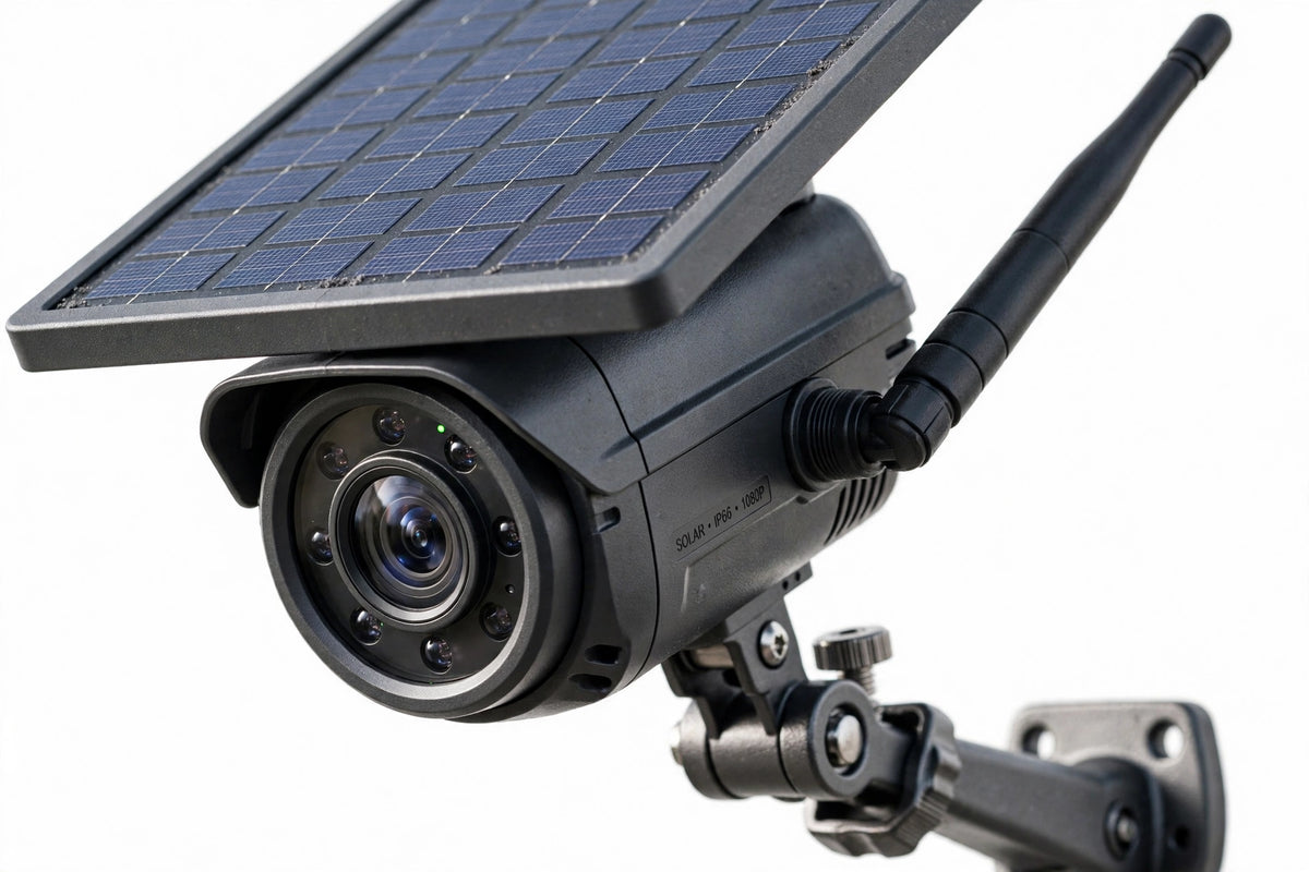 Close-up of black solar-powered security camera with solar panel and antenna on white background