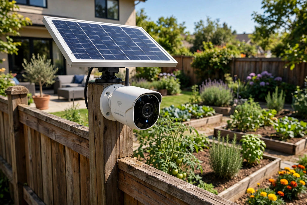 White solar-powered security camera with solar panel mounted on a wooden fence post in a backyard garden