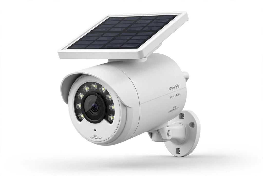 White solar-powered security camera with solar panel, LED lights and wall mount on white background