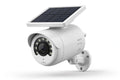 White solar-powered security camera with solar panel, LED lights and wall mount on white background