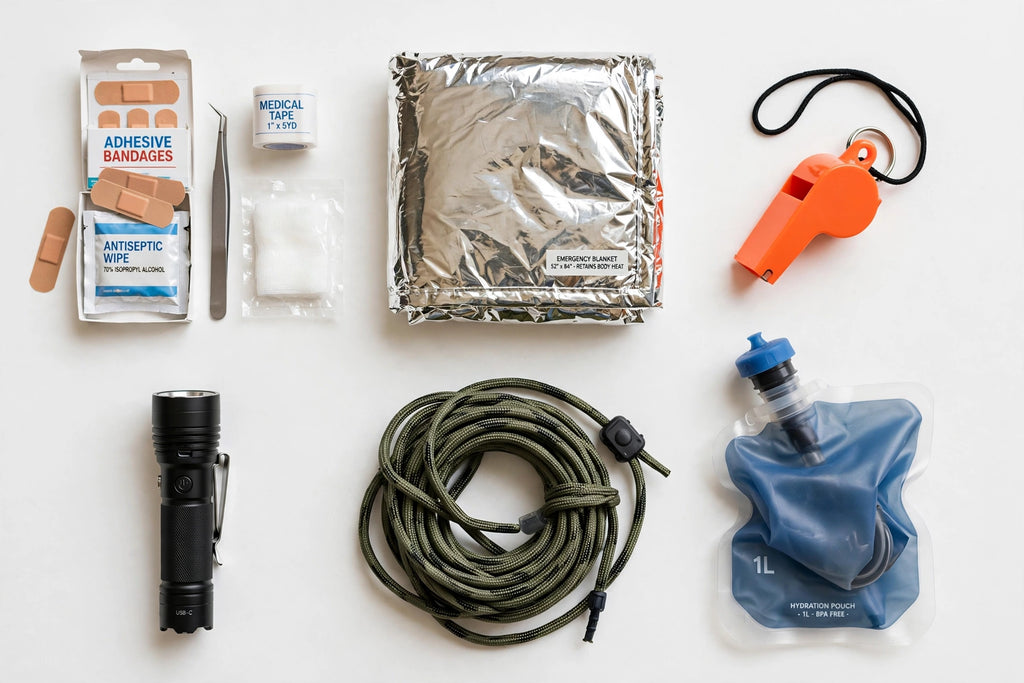 A flat-lay arrangement of emergency preparedness and survival gear on a white background, including a silver foil blanket, an orange whistle, a blue water pouch, a black flashlight, a coiled green cord, adhesive bandages, tweezers, and medical tape.