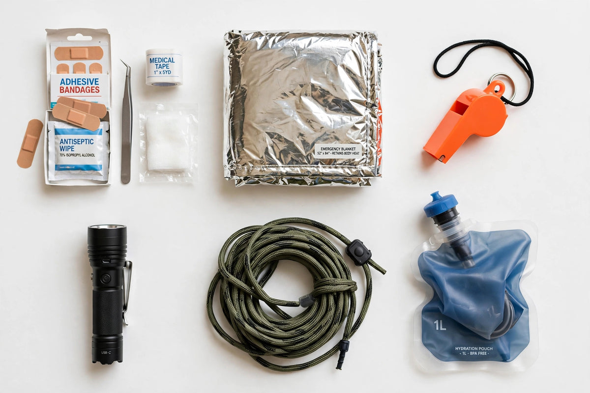 A flat-lay arrangement of emergency preparedness and survival gear on a white background, including a silver foil blanket, an orange whistle, a blue water pouch, a black flashlight, a coiled green cord, adhesive bandages, tweezers, and medical tape.
