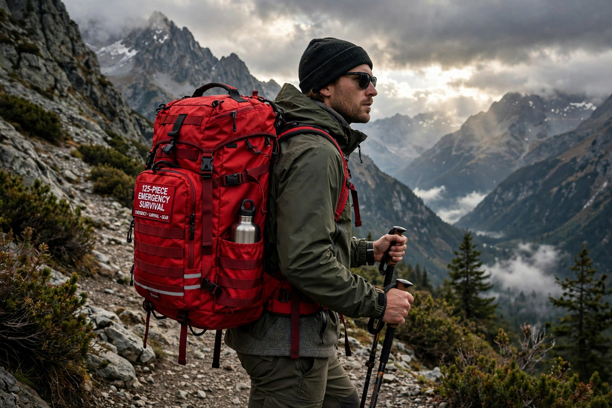 A man hiking on a mountain trail wearing a large red backpack with white text that reads 'JACKIE SANCHEZ SURVIVAL PACK'. He is dressed in outdoor gear, including a black beanie, sunglasses, and an olive green jacket, holding trekking poles against a dramatic, misty mountain backdrop.