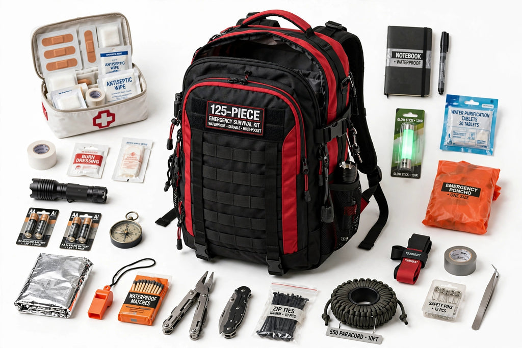 A black and red 125-piece emergency survival backpack shown with its contents arranged neatly around it on a white background, including a first aid kit, water filter, flashlight, batteries, knife, whistle, paracord, and other survival gear.