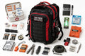 A black and red 125-piece emergency survival backpack shown with its contents arranged neatly around it on a white background, including a first aid kit, water filter, flashlight, batteries, knife, whistle, paracord, and other survival gear.
