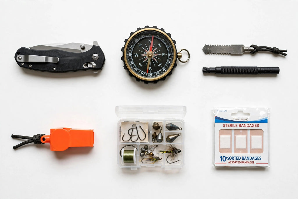 Flat-lay of survival gear: folding knife, compass, whistle, fishing kit and bandages on white background