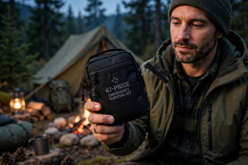 Man holding a black 47-piece emergency survival kit pouch at a forest campsite