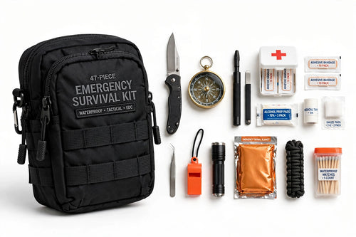 Black 47-piece emergency survival kit pouch with knife, compass, whistle, flashlight and first aid supplies on white background