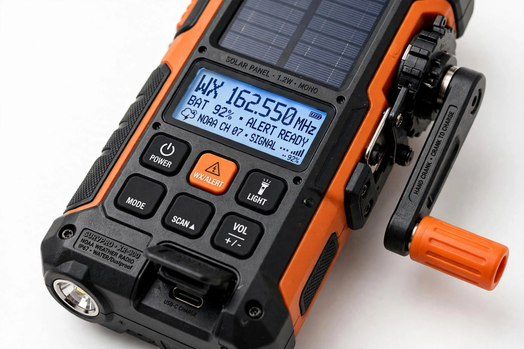 Close-up of orange and black emergency radio with digital display, solar panel and hand crank