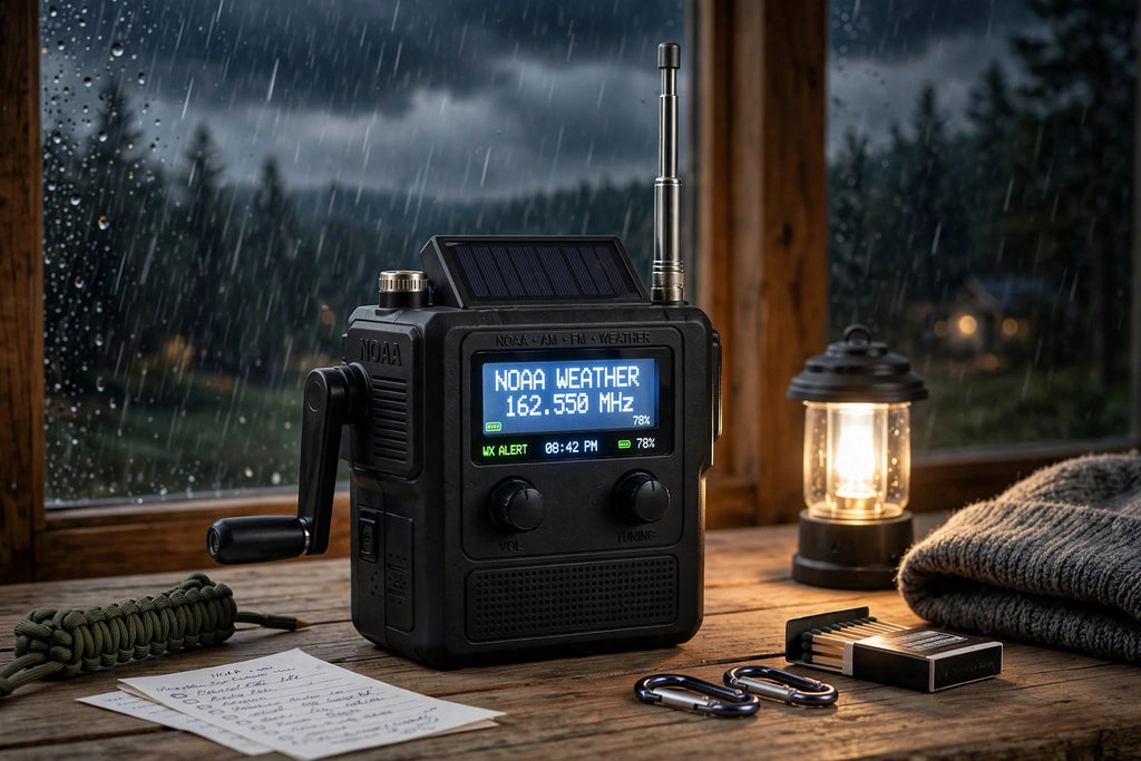NOAA emergency radio with hand crank on a wooden table by a rainy window at night