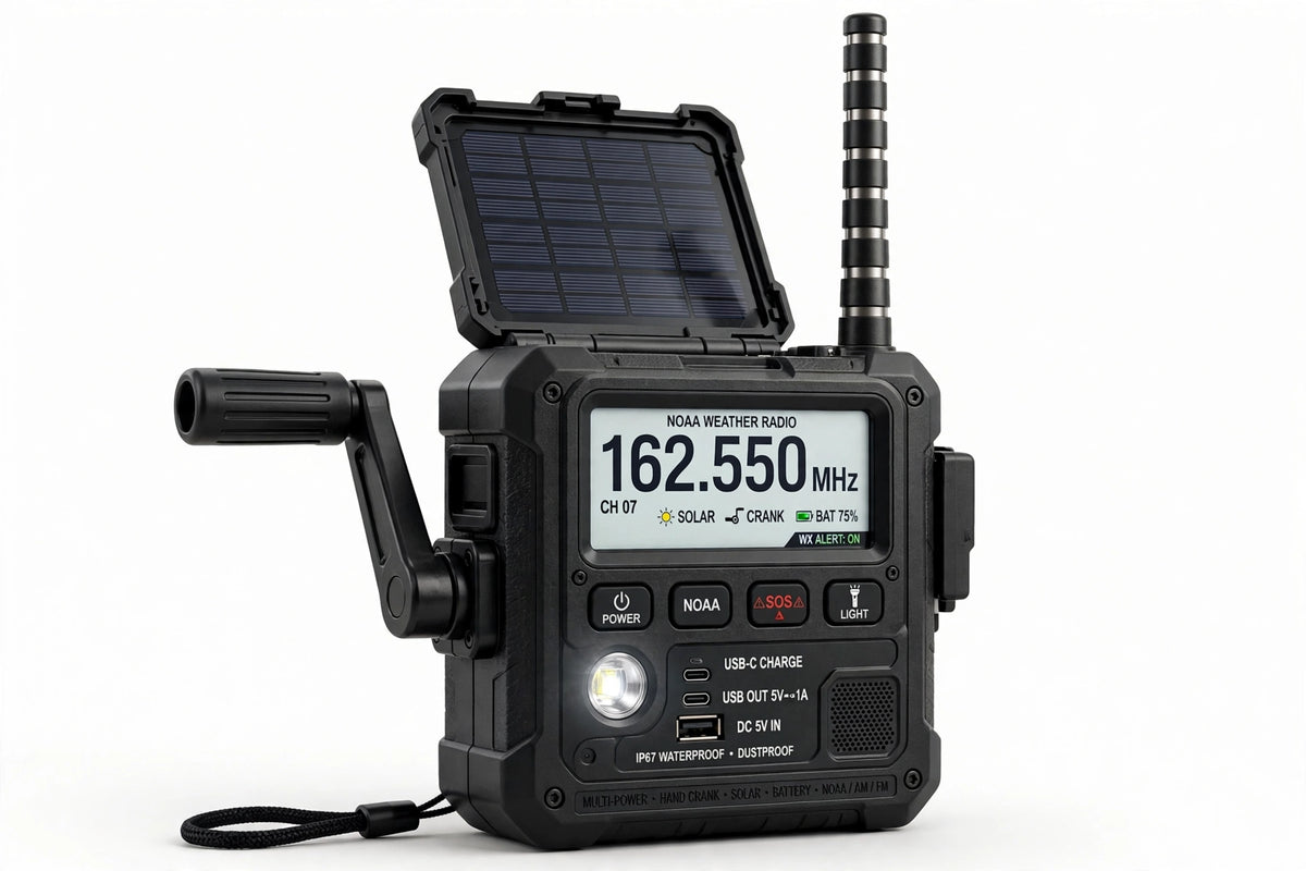 Rugged black NOAA weather radio with open solar panel, antenna, hand crank and digital display on white background