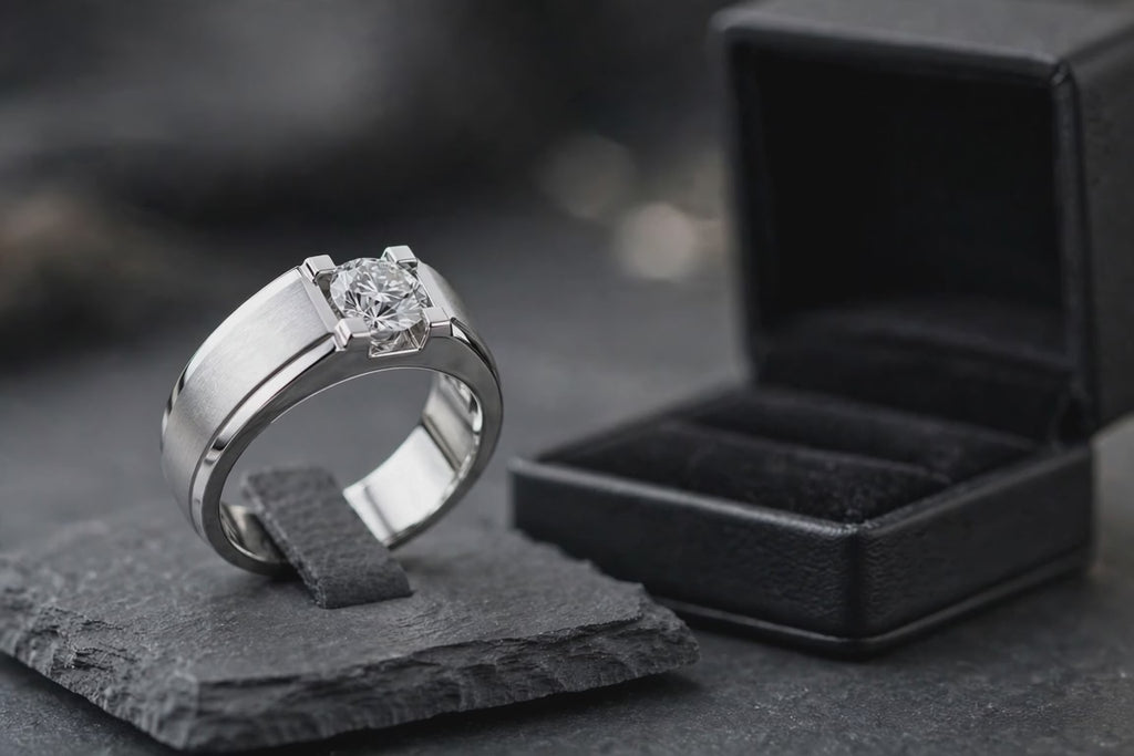 10K White Gold Finish Lab Created Diamond Silver Men's Silver Ring Size 10