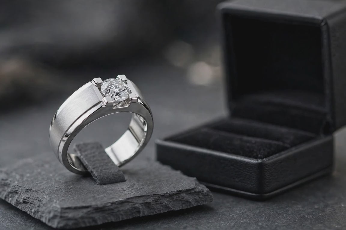 10K White Gold Finish Lab Created Diamond Silver Men's Silver Ring Size 10