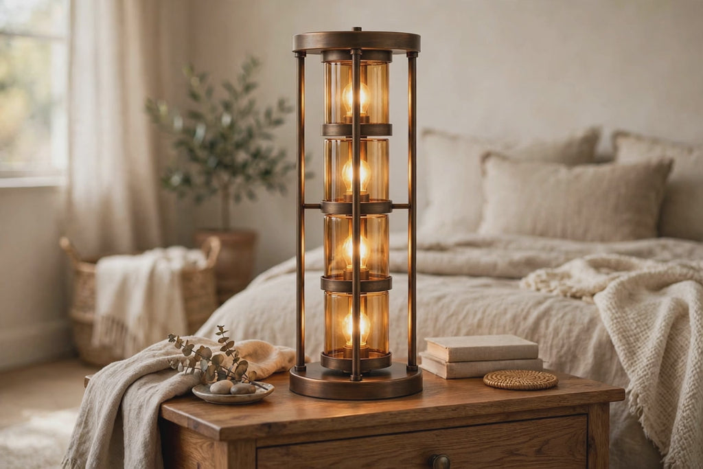 30" Bronze Metal Four Light Cylinder Bedside Table Lamp With Amber Round Shade
