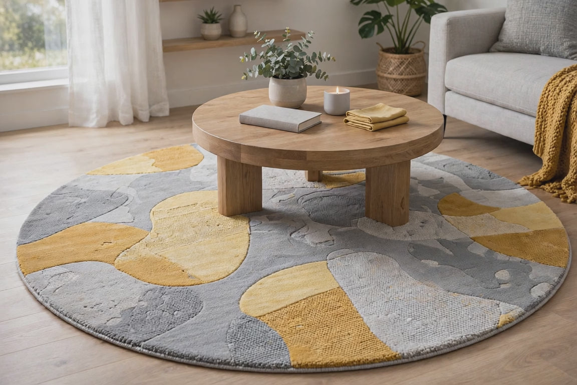5' Gray and Yellow Round Abstract Non Skid Area Rug