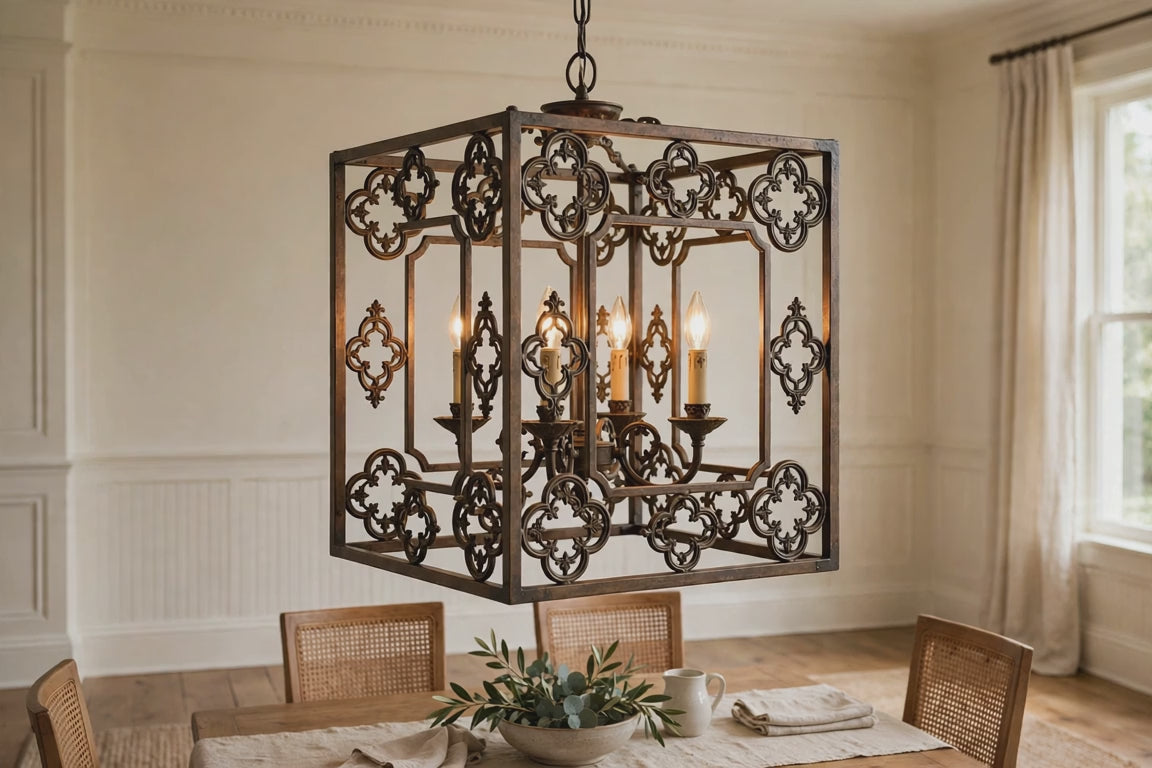 Antiqued Bronze Square And Quatrefoil Metal Dimmable Chandelier