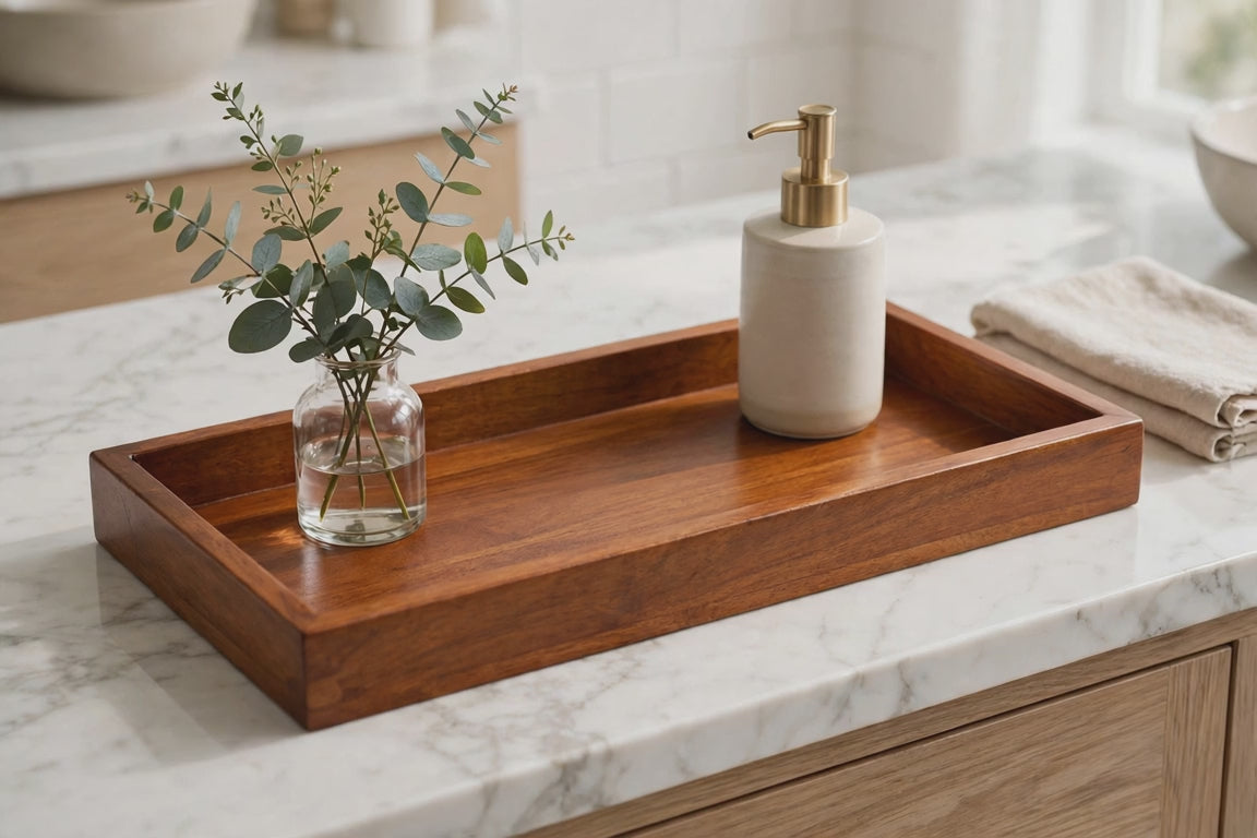 15in Brown Solid Teak Vanity Tray