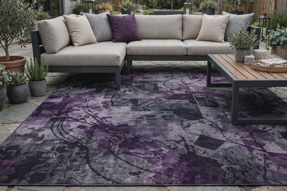 5' X 8' Eggplant Purple and Charcoal Abstract Washable Indoor Outdoor Area Rug