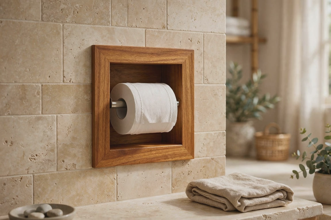 Traditional Solid Teak Recessed Wall Mount Toilet Paper Holder