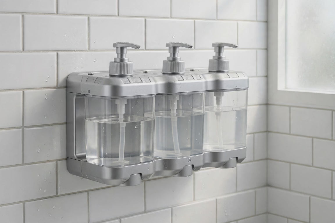 Silver Heavy Duty Plastic Three Chamber Wall Mount Soap Dispenser