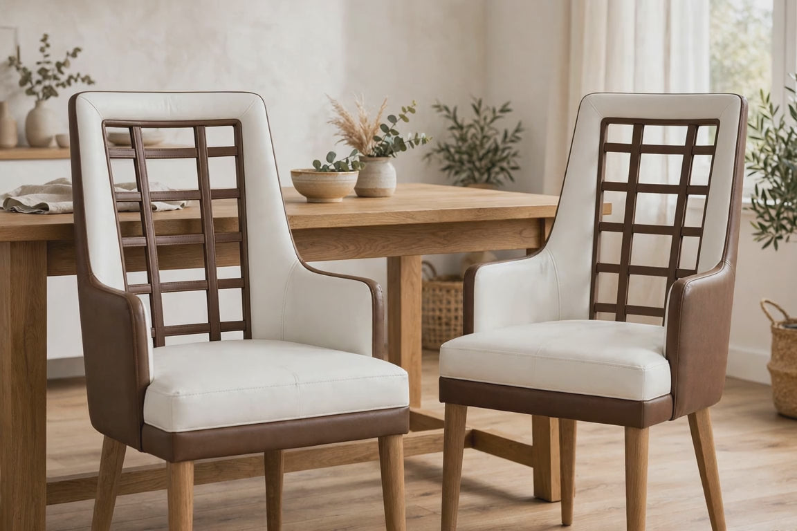 Set of 2 White and Brown Upholstered Faux Leather Open Back Dining Arm Chairs