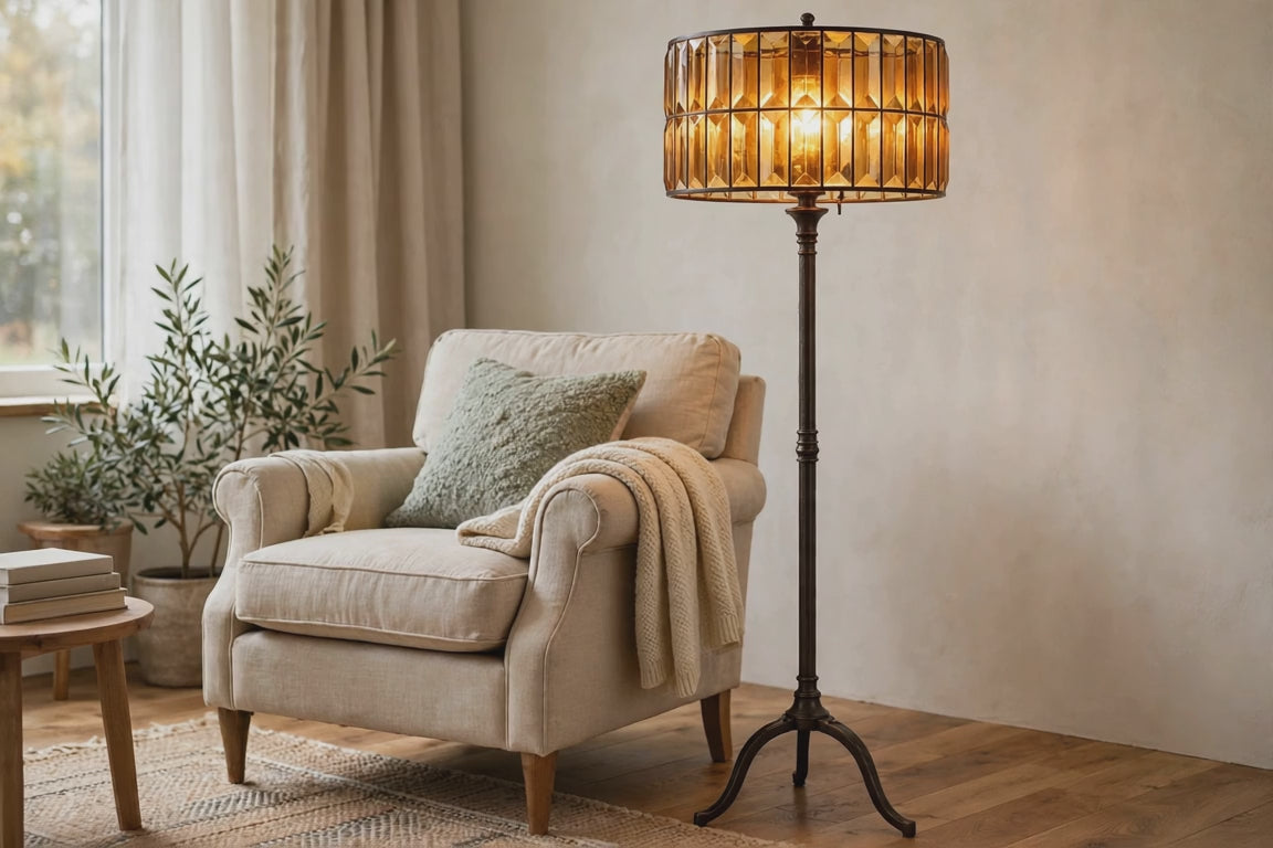 68" Dark Bronze Floor Lamp With Amber Solid Color Beveled Glass Drum Shade