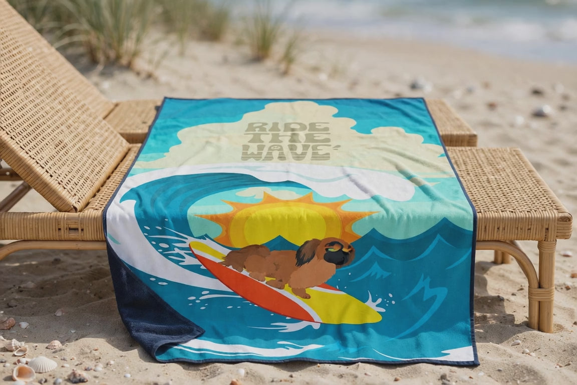 Surfer Dog Ride the Wave Premium Beach Towel (Pekingese - Cream)