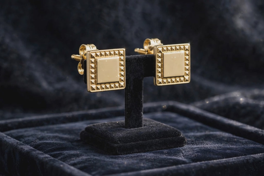 Men's Elegant Square Yellow Gold Sterling Silver Screw Back Hip Hop Stud Earrings