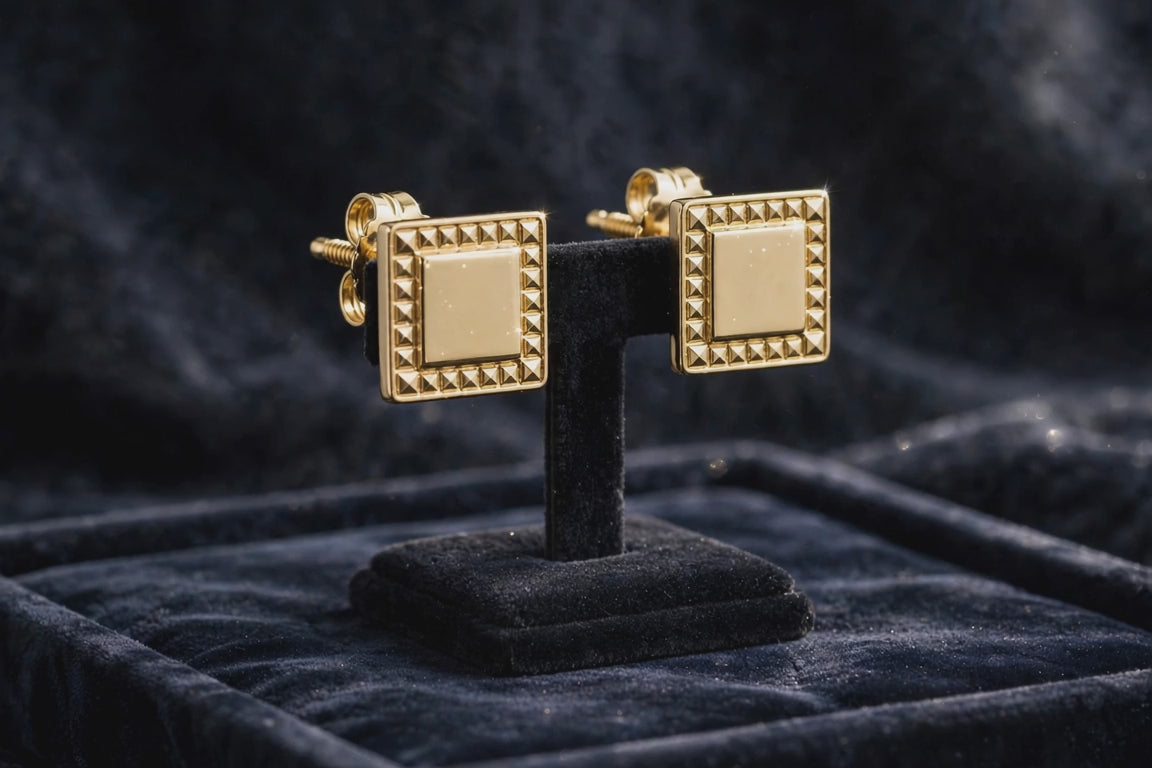 Men's Elegant Square Yellow Gold Sterling Silver Screw Back Hip Hop Stud Earrings