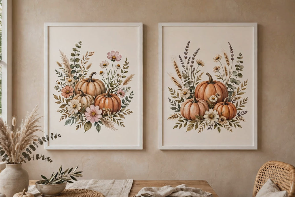 Set of 2 Boho Pumpkins and Flowers 2 White Framed Print Wall Art