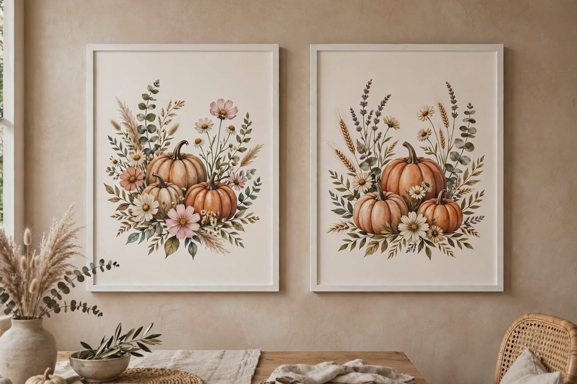 Set of 2 Boho Pumpkins and Flowers 2 White Framed Print Wall Art
