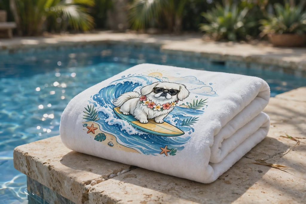 Surfer Dog Ride the Wave Premium Beach Towel (Pekingese - White)