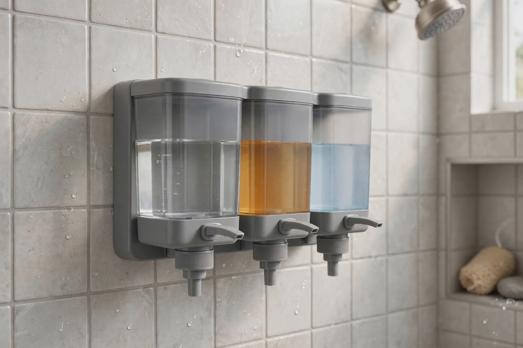 Gray Heavy Duty Plastic Three Chamber Wall Mount Soap Dispenser