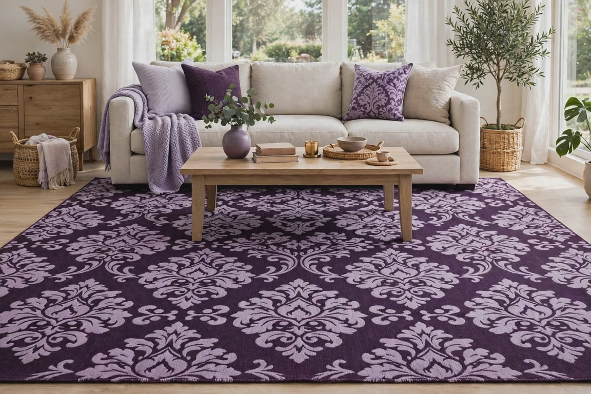 10' X 14' Eggplant Purple and Lavender Damask Washable Indoor Outdoor Area Rug