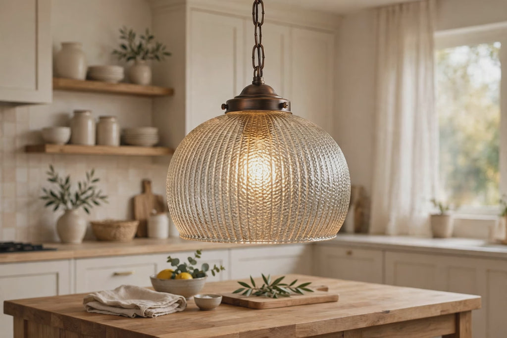Bronze Hanging Light with Ribbed Pebbled Glass Shade