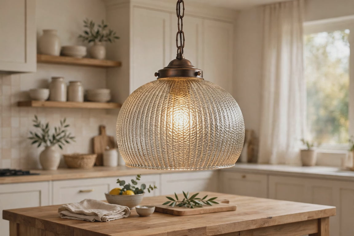 Bronze Hanging Light with Ribbed Pebbled Glass Shade