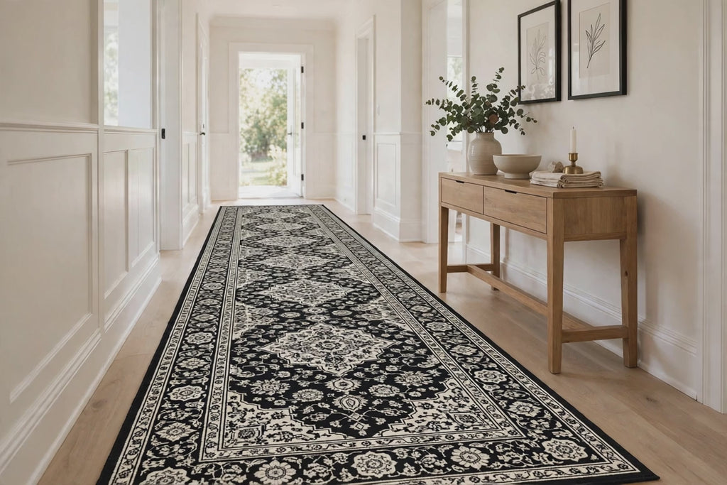 15' Runner Black and Ivory Oriental Power Loom Runner Rug